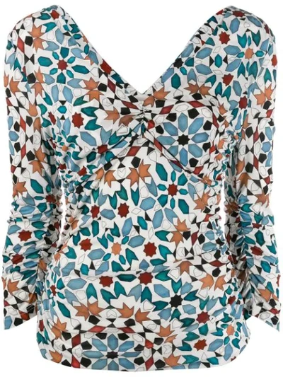 Roberto Cavalli Ruched Printed Stretch-knit Top In Blue