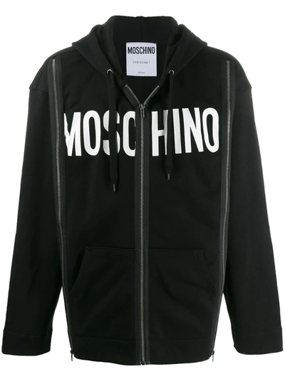 Moschino Front Logo Print Zipped Hoodie In Black