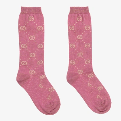 Gucci Kids' Gg Supreme Cotton & Lurex Knit Socks In Pink