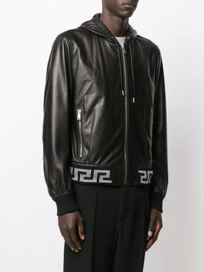 Versace Greca Hooded Leather Bomber Jacket In Black