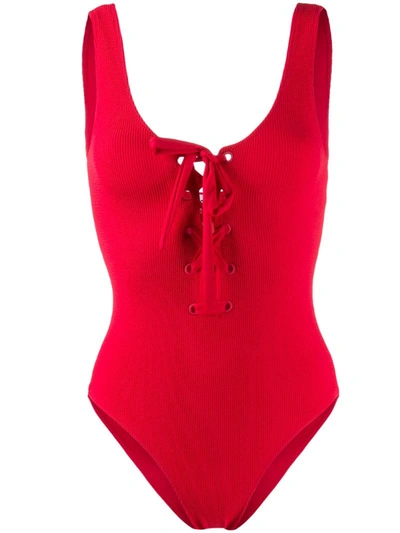 Ganni Tie-front Textured Swimsuit In Red