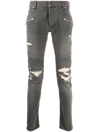 Balmain Biker Ripped Skinny Jeans In Grey