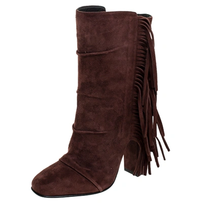 Pre-owned Giuseppe Zanotti Brown Suede Alabama Fringe Mid Calf Boots Size 35