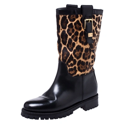 Pre-owned Dolce & Gabbana Dolce And Gabanna Black/brown Leopard Print Calfhair And Leather Buckle Mid Calf Boots Size 37.5