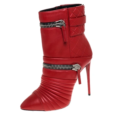 Pre-owned Giuseppe Zanotti Red Quilted Leather Double Zip Accent Booties Size 39