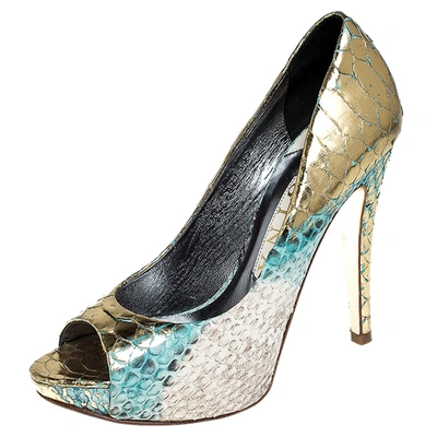 Pre-owned Gina Multicolor Python Peep Toe Platform Pumps Size 37