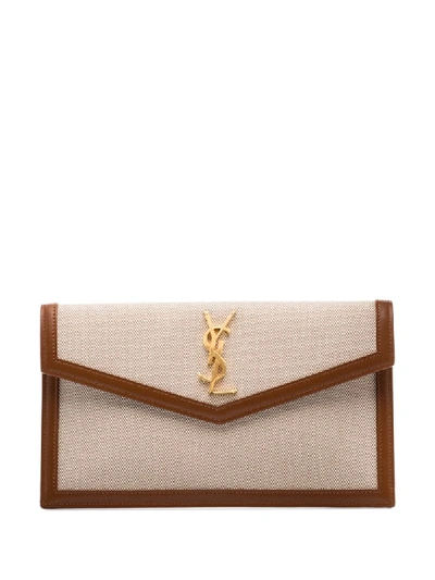 Saint Laurent Uptown Monogram Clutch In Neutrals