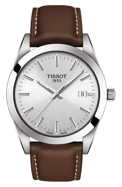 Tissot T-classic Gentleman Leather Strap Watch, 40mm In Silver/brown