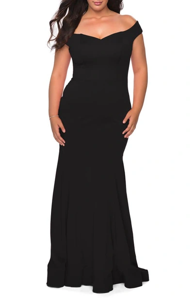 La Femme Plus Size Off-the-shoulder Jersey Bodycon Gown In Black