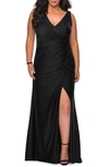 La Femme Plus Size V-neck Sleeveless Ruched Jersey Gown In Black