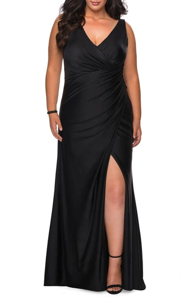 La Femme Plus Size V-neck Sleeveless Ruched Jersey Gown In Black