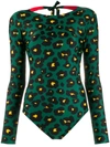 La Doublej Long-sleeved Flower Leopard-print Surf Swimsuit In Flower Leopard Verde