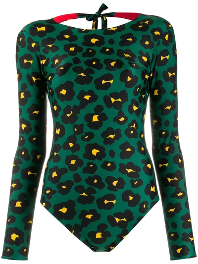 La Doublej Long-sleeved Flower Leopard-print Surf Swimsuit In Flower Leopard Verde