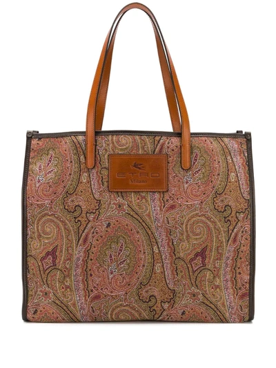 Etro Paisley Jacquard Cotton Fabric Shopping Bag In Brown