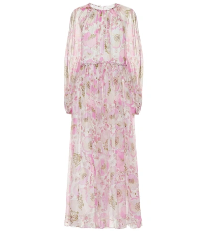 Zimmermann Super Eight Floral Print Silk Long Sleeve Tea Length Dress In Pink Poppy