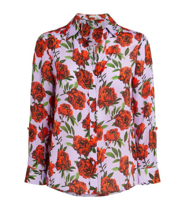 Alice And Olivia Eloise Roll Sleeve Floral Print Silk Blouse In Lilas ...