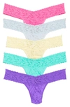 Hanky Panky 5-pack Low Rise Lace Thongs In Gry/ Prple/ Bttr/ Grn/ Hibiscs