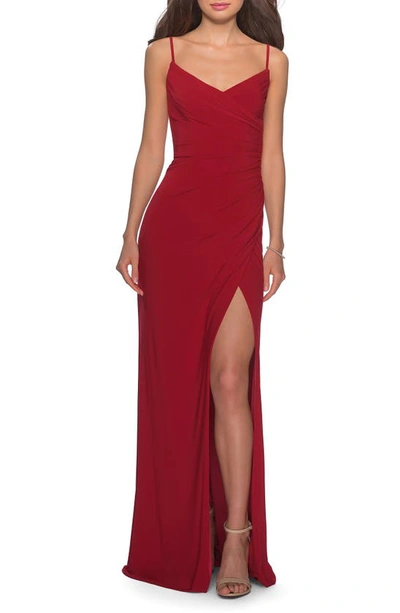 La Femme Net Jersey Long Ruched Gown In Deep Red