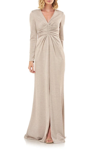 Kay Unger Kayla Long Sleeve Evening Gown In Champagne