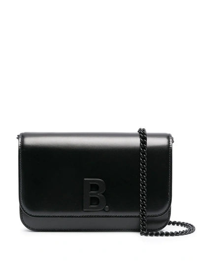 Balenciaga B Calfskin Leather Wallet On A Chain In Noir