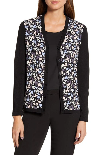Anne Klein Mayfair Floral Print Cardigan In Anne Blk/ Peacock Blue Combo