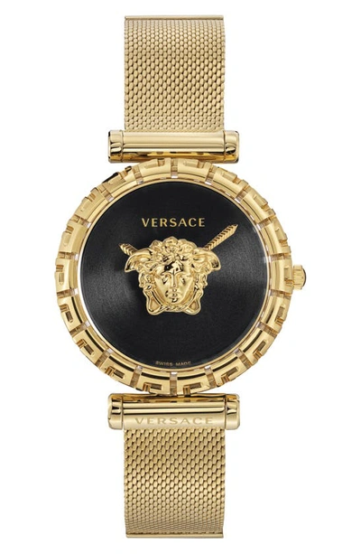 Versace Palazzo Empire Greca Mesh Strap Watch, 37mm In Gold/ Black/ Gold