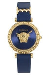 Versace Palazzo Empire Greca Leather Strap Watch, 37mm In Blue