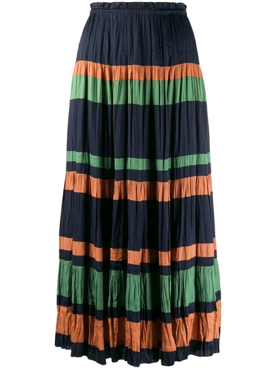 Ulla Johnson Ruffle-trimmed Striped Plissé-satin Midi Skirt In Midnight