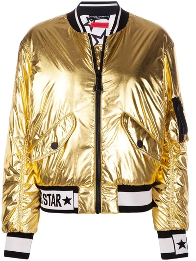 Dolce & Gabbana Bomber Jacket In Lightweight Laminated Nylon In Gold