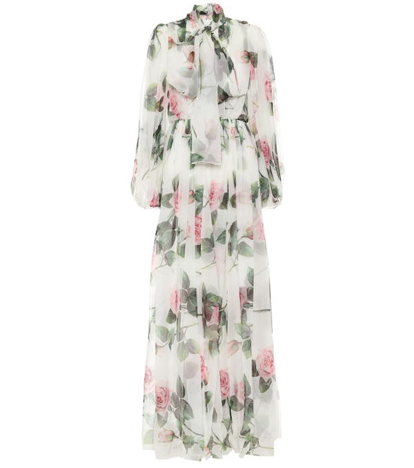 Dolce & Gabbana Long Tropical Rose Print Chiffon Dress In White | ModeSens