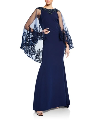 Badgley Mischka Couture Lace Cape-sleeve Column Gown In Navy