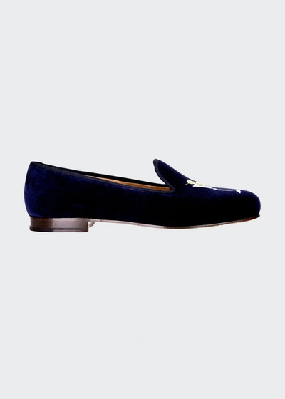 Stubbs And Wootton Men's Scotch Embroidered Velvet Loafers In Navy