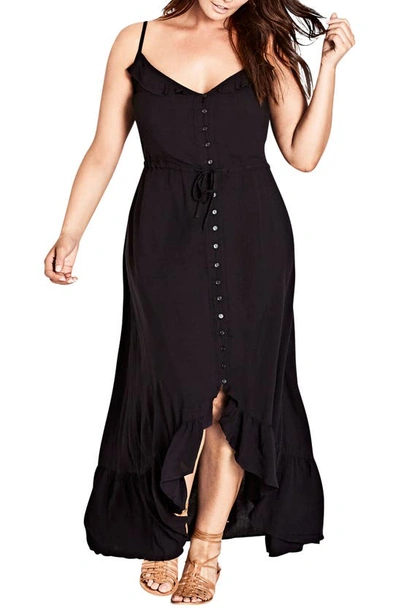City Chic Plus Aruba Button-front Ruffled Maxi Dress In Black