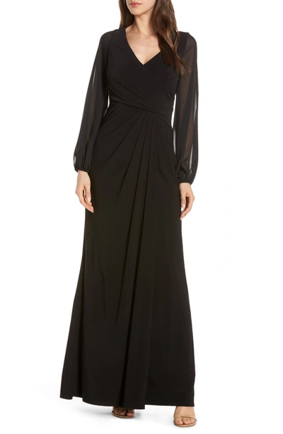 Adrianna Papell Plus Draped Sheer-sleeve Gown In Black