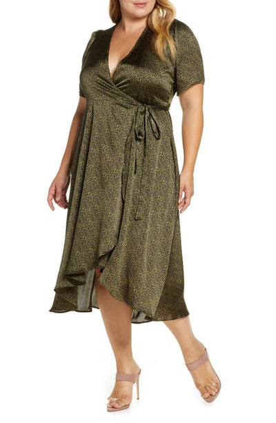 B Collection By Bobeau Curvy Lumi Puff Sleeve Wrap Dress In Ditsy Leopard Olive