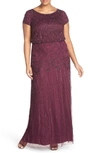 Adrianna Papell Plus Short Sleeve Beaded Gown In Cassis