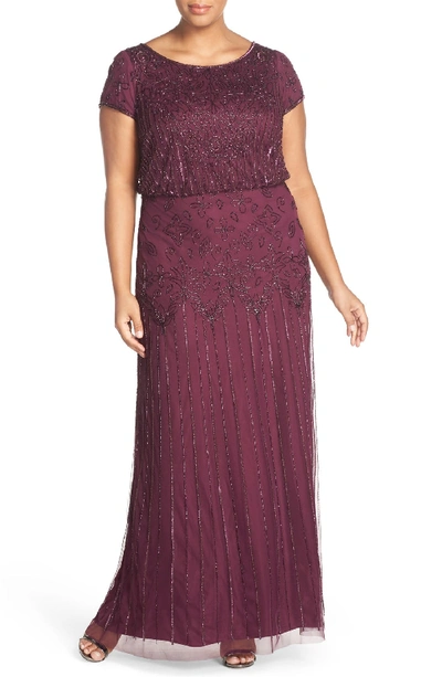 Adrianna Papell Plus Short Sleeve Beaded Gown In Cassis