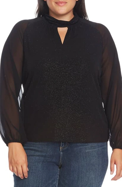Vince Camuto Plus Sparkle Jersey Chiffon-sleeve Keyhole Top In Rich Black