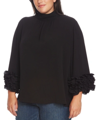 Vince Camuto Plus Shirred Mock-neck Ruffle-cuff Blouse In Rich Black