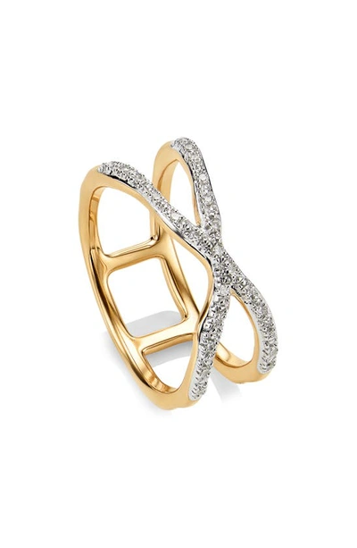 Monica Vinader Diamond And 18k Yellow Gold Vermeil Riva Wave Cross Ring In Neutral