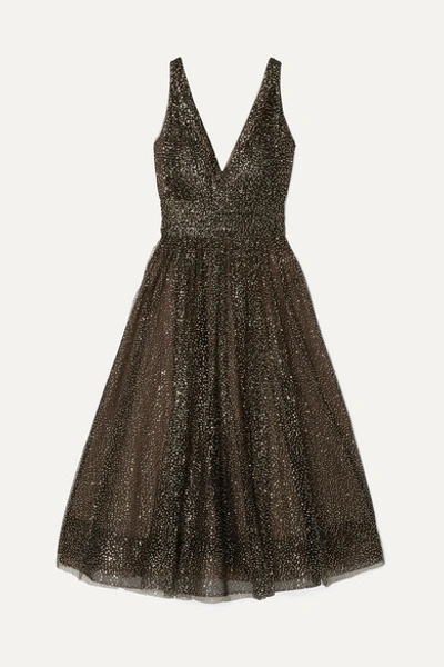 Marchesa Notte Gathered Glittered Tulle Midi Dress In Black