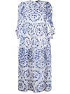 Simone Rocha Pleated Puff-sleeve Tulle Midi Dress In Ivory Blue