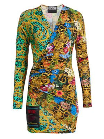 Versace Jeans Couture Multi-print Wrap Bodycon Dress In Multicolour