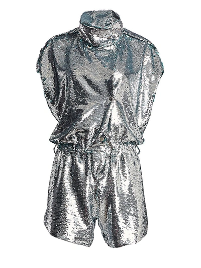 Carolina Ritzler Short Sleeve Sequin Romper In Silver Sequin