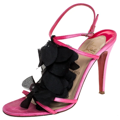 Pre-owned Christian Louboutin Pink/black Satin Mount Street T-strap Sandals Size 39