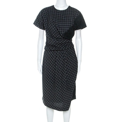 Pre-owned Carven Bicolor Checked Cotton Lace Trim Detail Dress M In Navy Blue