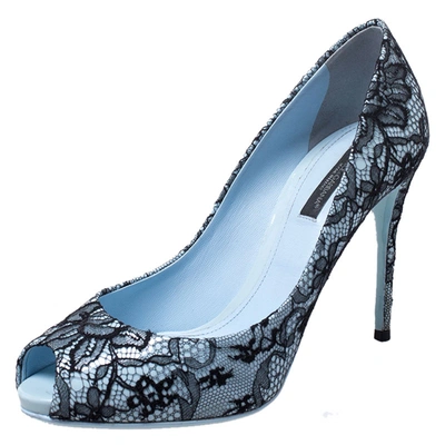 Pre-owned Dolce & Gabbana Blue Patent Leather And Black Lace Peep Toe Pumps Size 37