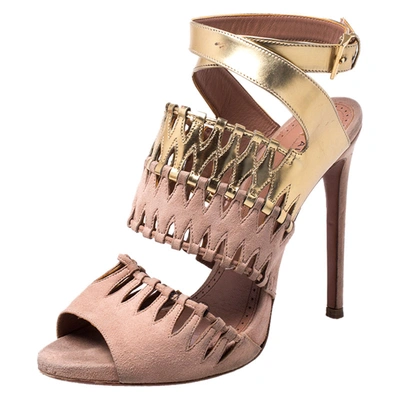 Pre-owned Alaïa Beige Suede And Metallic Gold Leather Cut Out Open Toe Ankle Strap Sandals Size 39