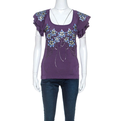 Pre-owned Just Cavalli Purple Stretch Jersey Floral Embossed Detail Top M