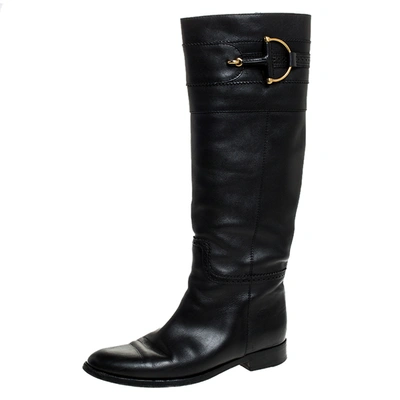 Pre-owned Gucci Black Leather Horsebit Knee Length Boots Size 37.5